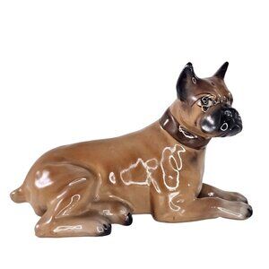 Vintage Japan Ceramic Boxer Dog Figurine Lying Down Mid-Century Collectible